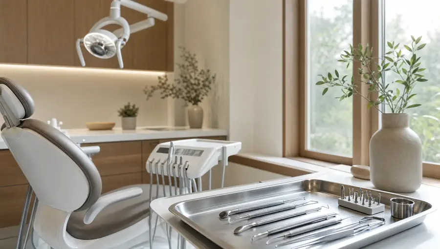 Clean, sterile dental instruments arranged on a tray