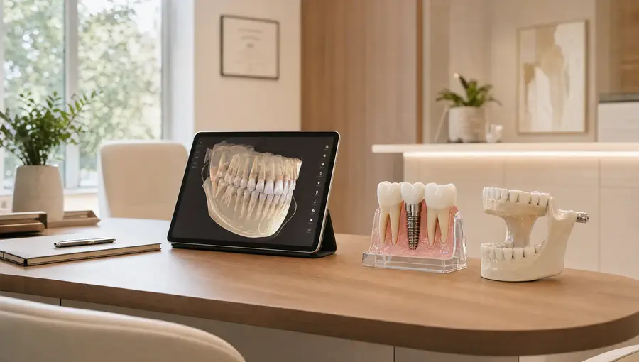 A dental implant model and jaw model with a scan on a tablet