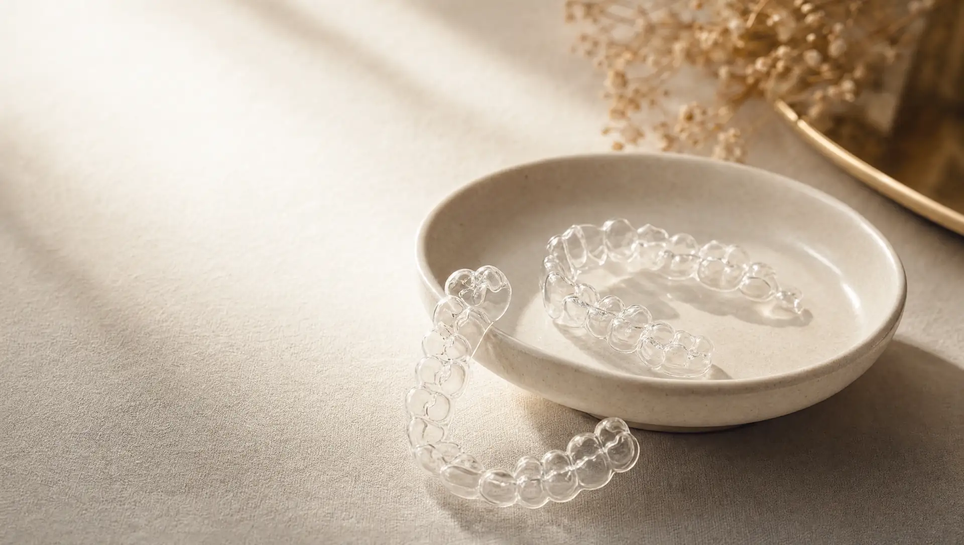 Two clear orthodontic aligners resting on a ceramic dish