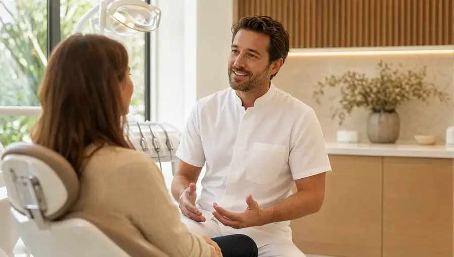 A dentist welcoming and talking with a patient at Cheshire Dental Centre