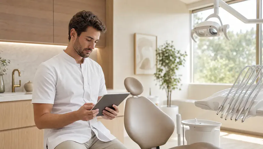 A dentist reviewing notes beside the dental chair